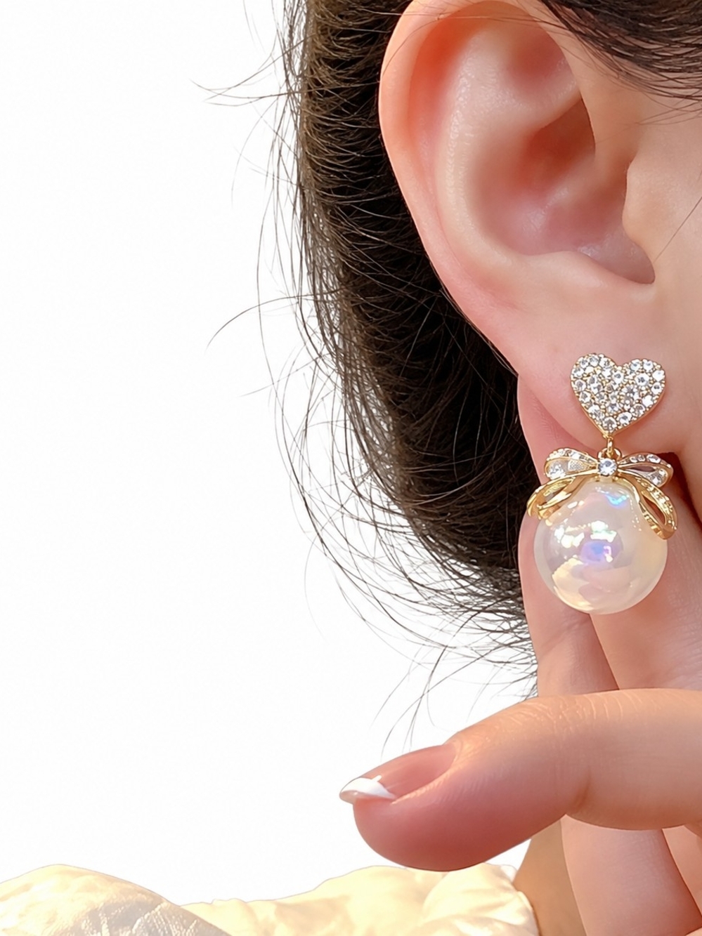 Gold Heart Pearl Drop Earrings with Rhinestones